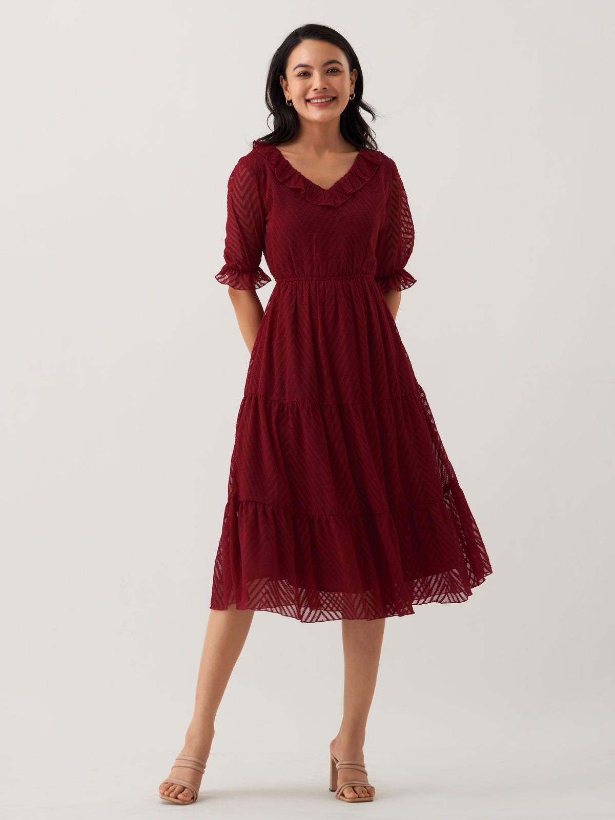 Maroon Oak Chiffon Brasso Swiss Dot V-Neck Dress