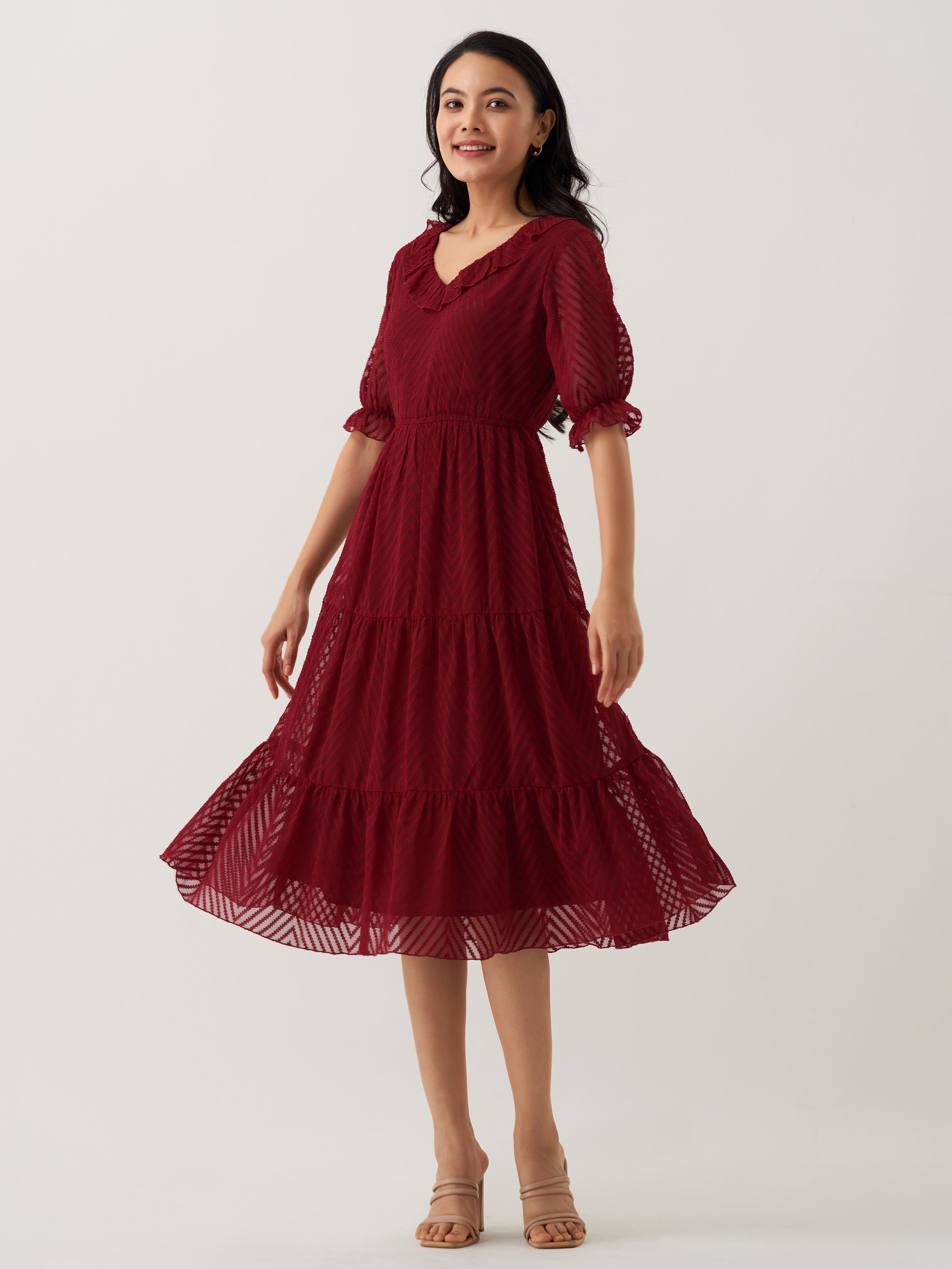 Maroon Oak Chiffon Brasso Swiss Dot V-Neck Dress