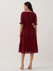 Maroon Oak Chiffon Brasso Swiss Dot V-Neck Dress