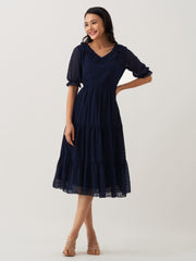 Navy Blue Chiffon Brasso Swiss Dot V-Neck Dress