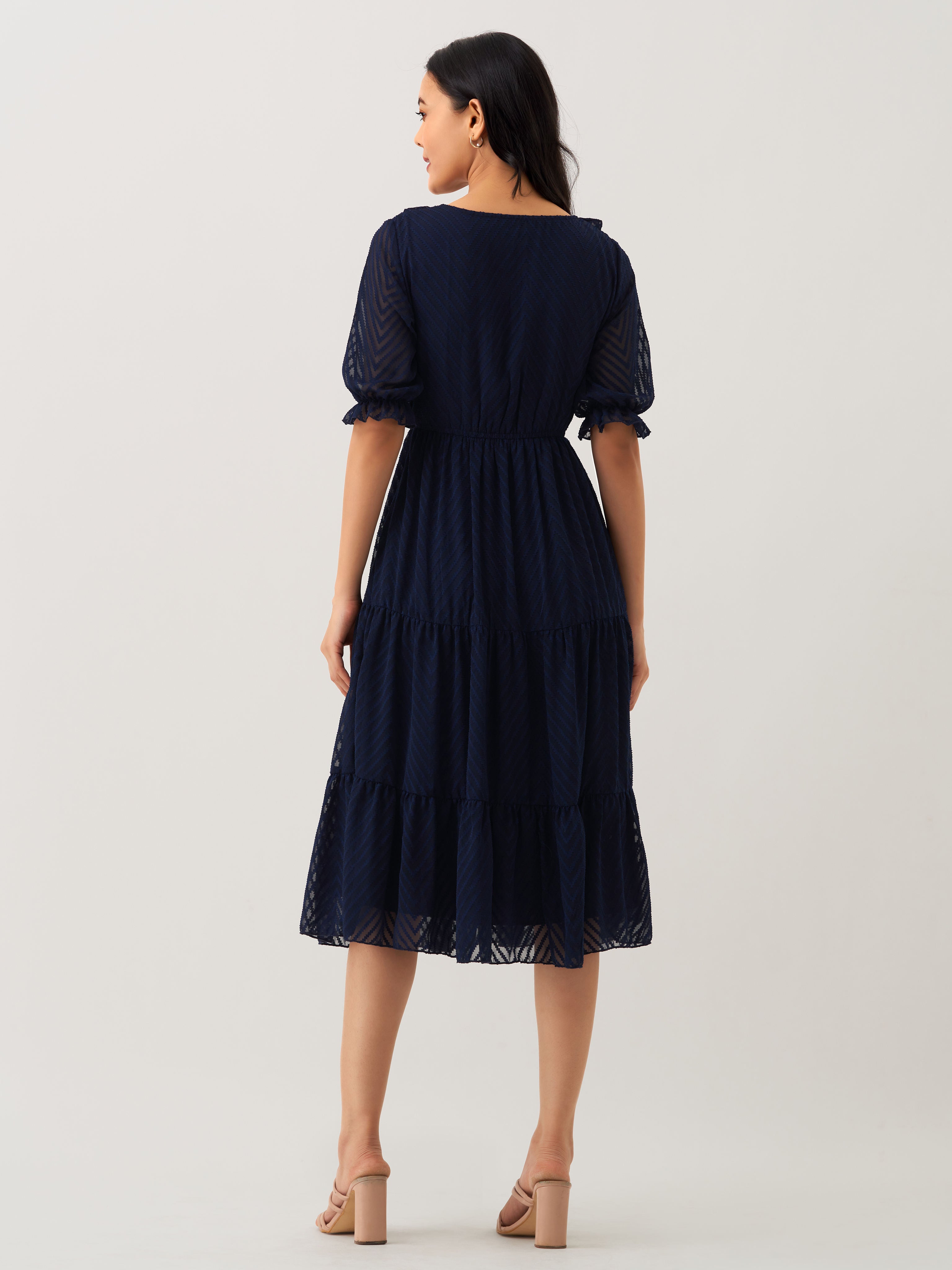 Navy Blue Chiffon Brasso Swiss Dot V-Neck Dress