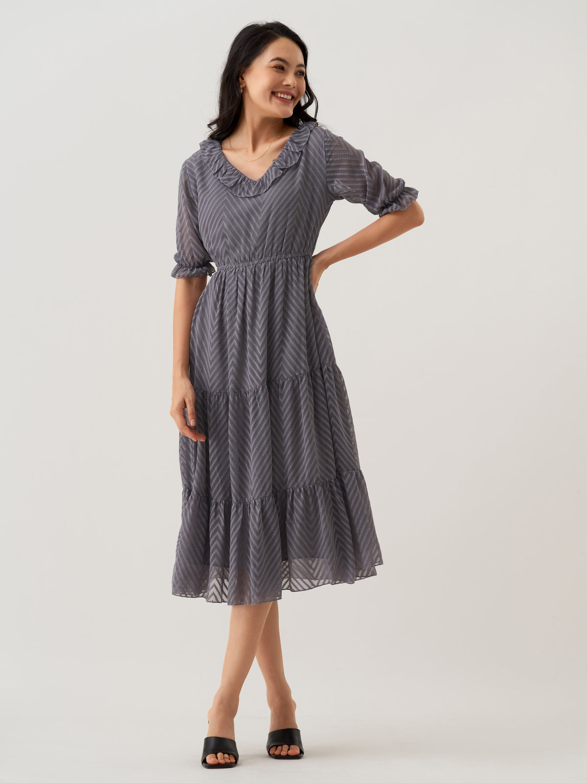 Grey Chiffon Brasso Swiss Dot V-Neck Dress