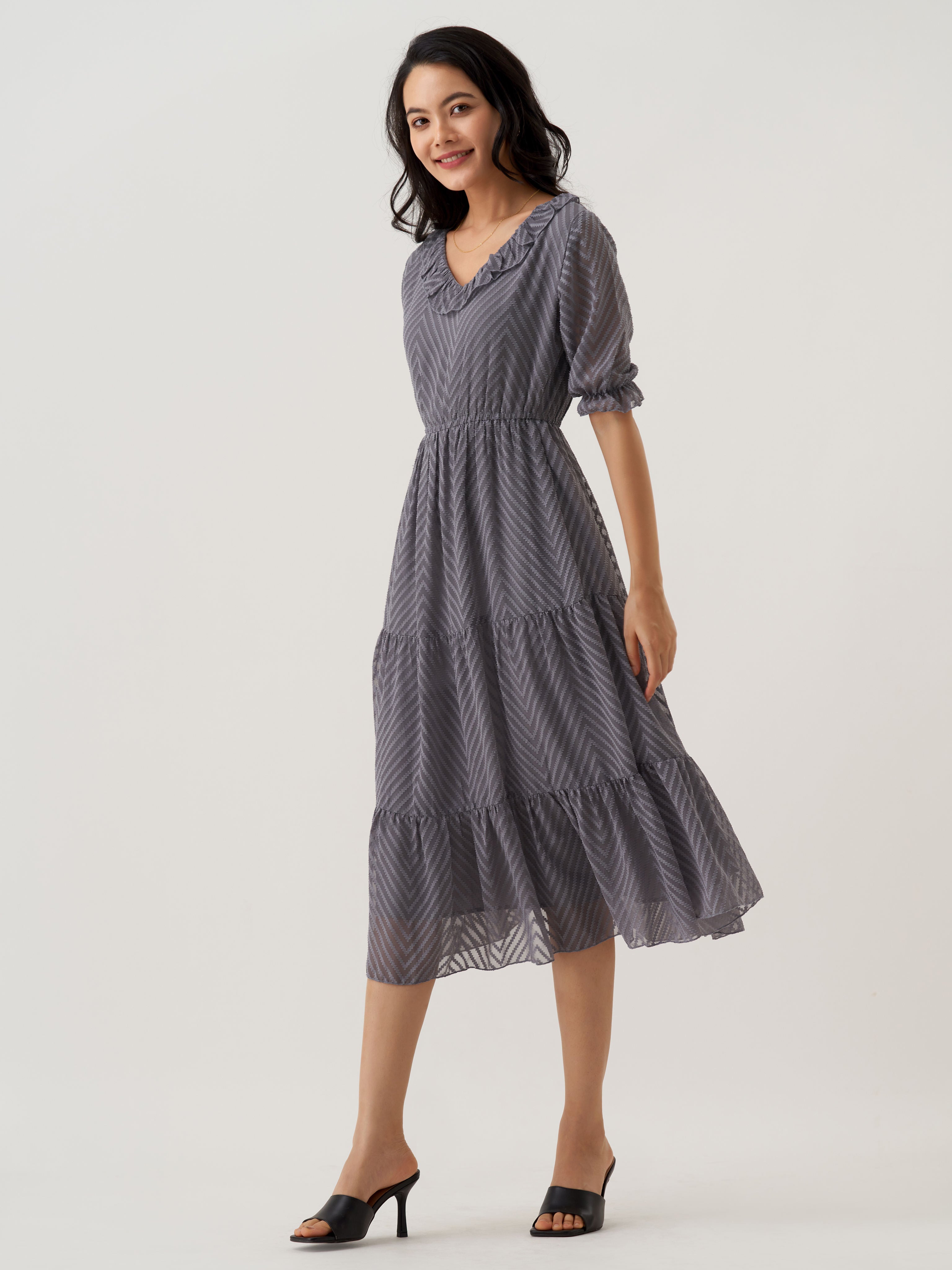 Grey Chiffon Brasso Swiss Dot V-Neck Dress