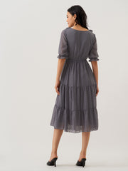 Grey Chiffon Brasso Swiss Dot V-Neck Dress