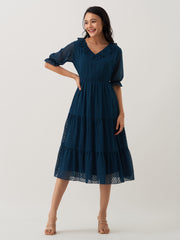 Peacock Blue Chiffon Brasso Swiss Dot V-Neck Dress