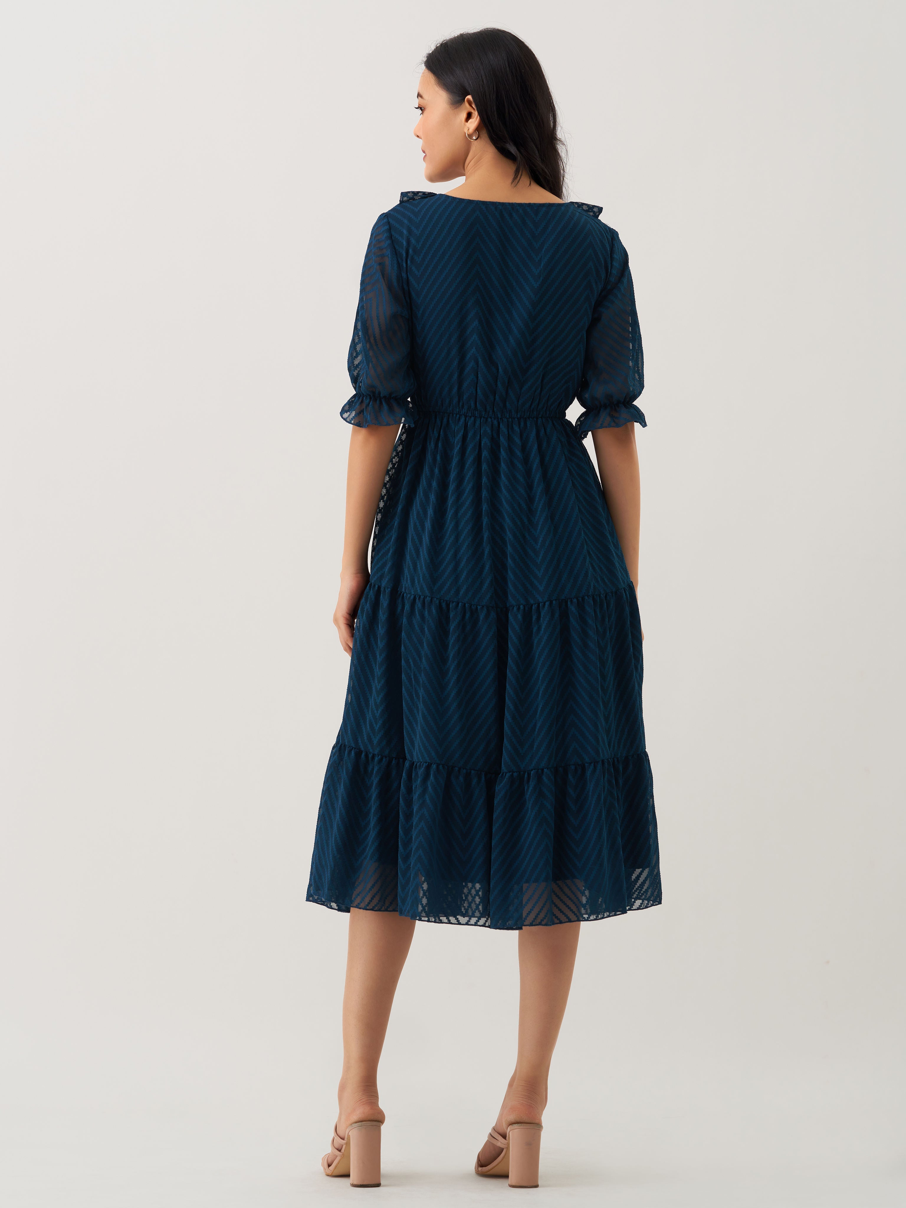 Peacock Blue Chiffon Brasso Swiss Dot V-Neck Dress