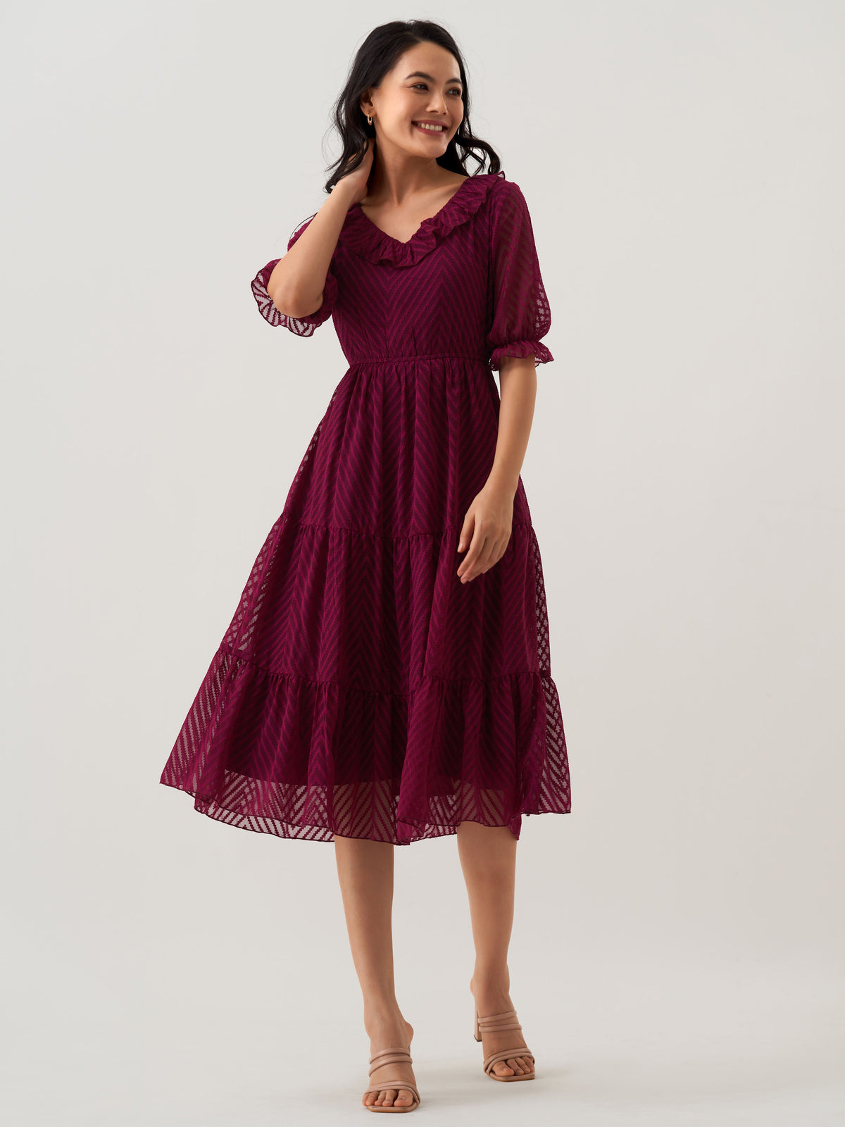 Wine Chiffon Brasso Swiss Dot V-Neck Dress