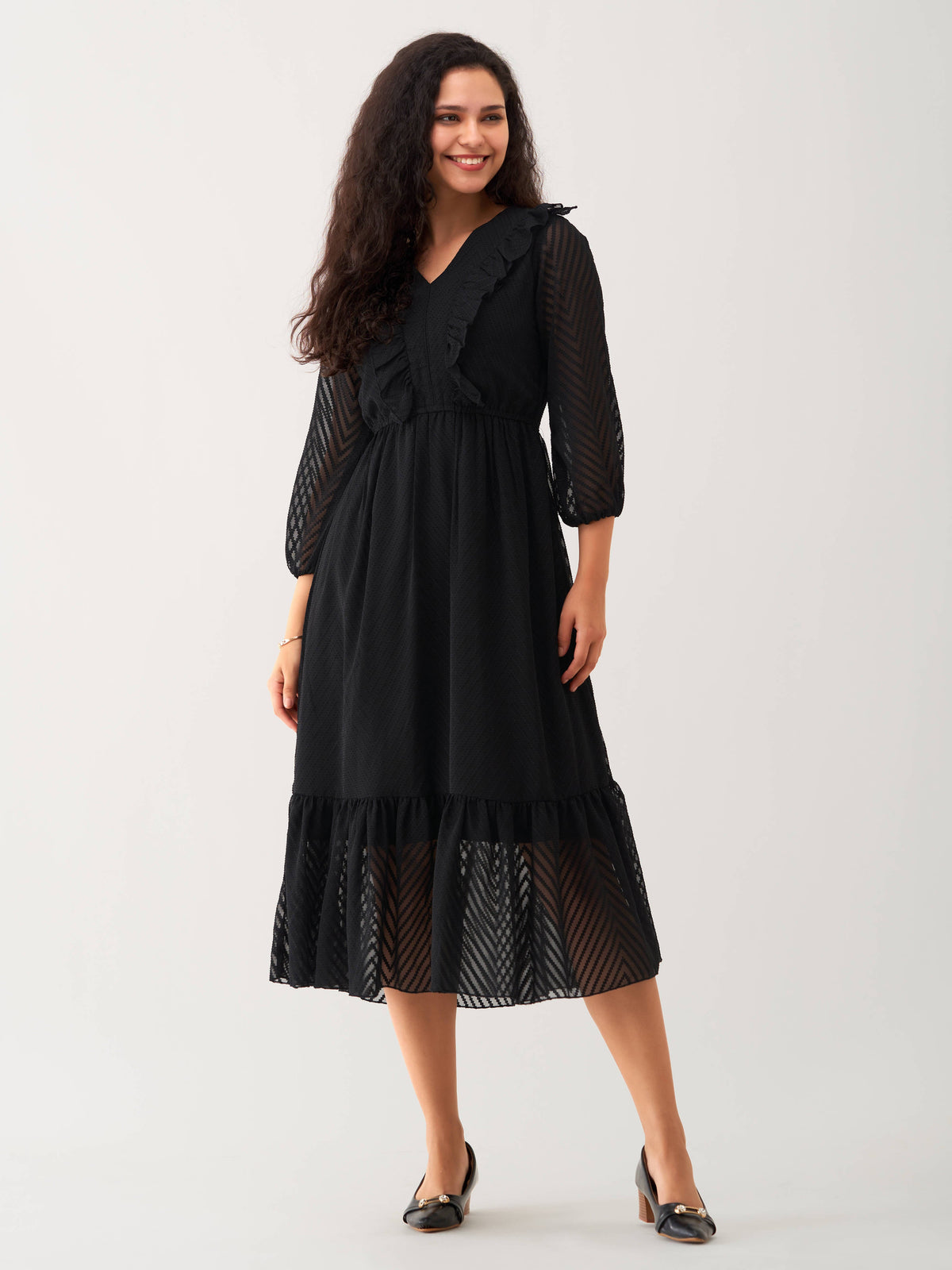 Black Chiffon Brasso Swiss Dot V-Neck Dress