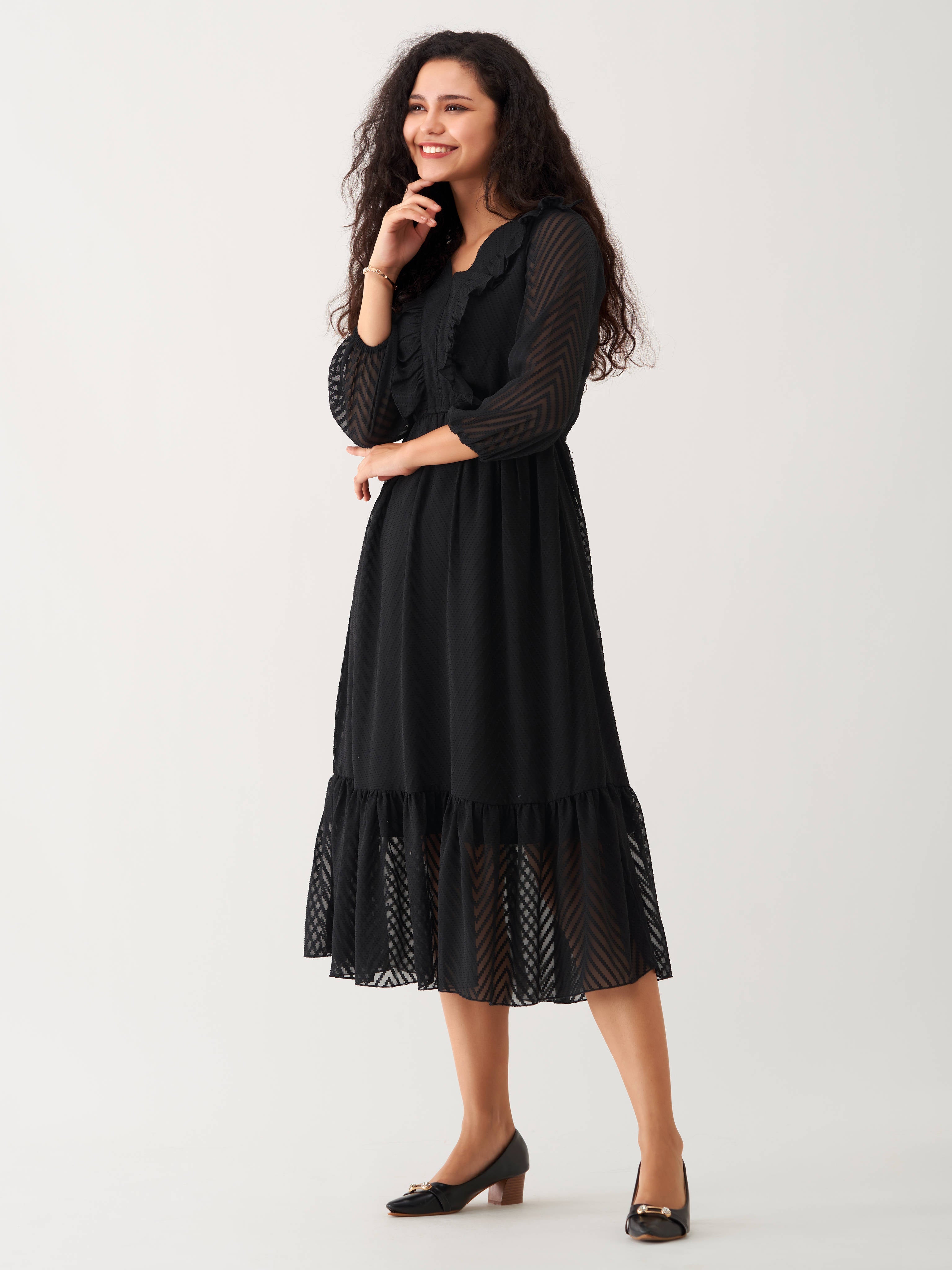 Black Chiffon Brasso Swiss Dot V-Neck Dress