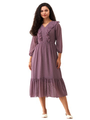 Plum Purple Chiffon Brasso Swiss Dot V-Neck Dress