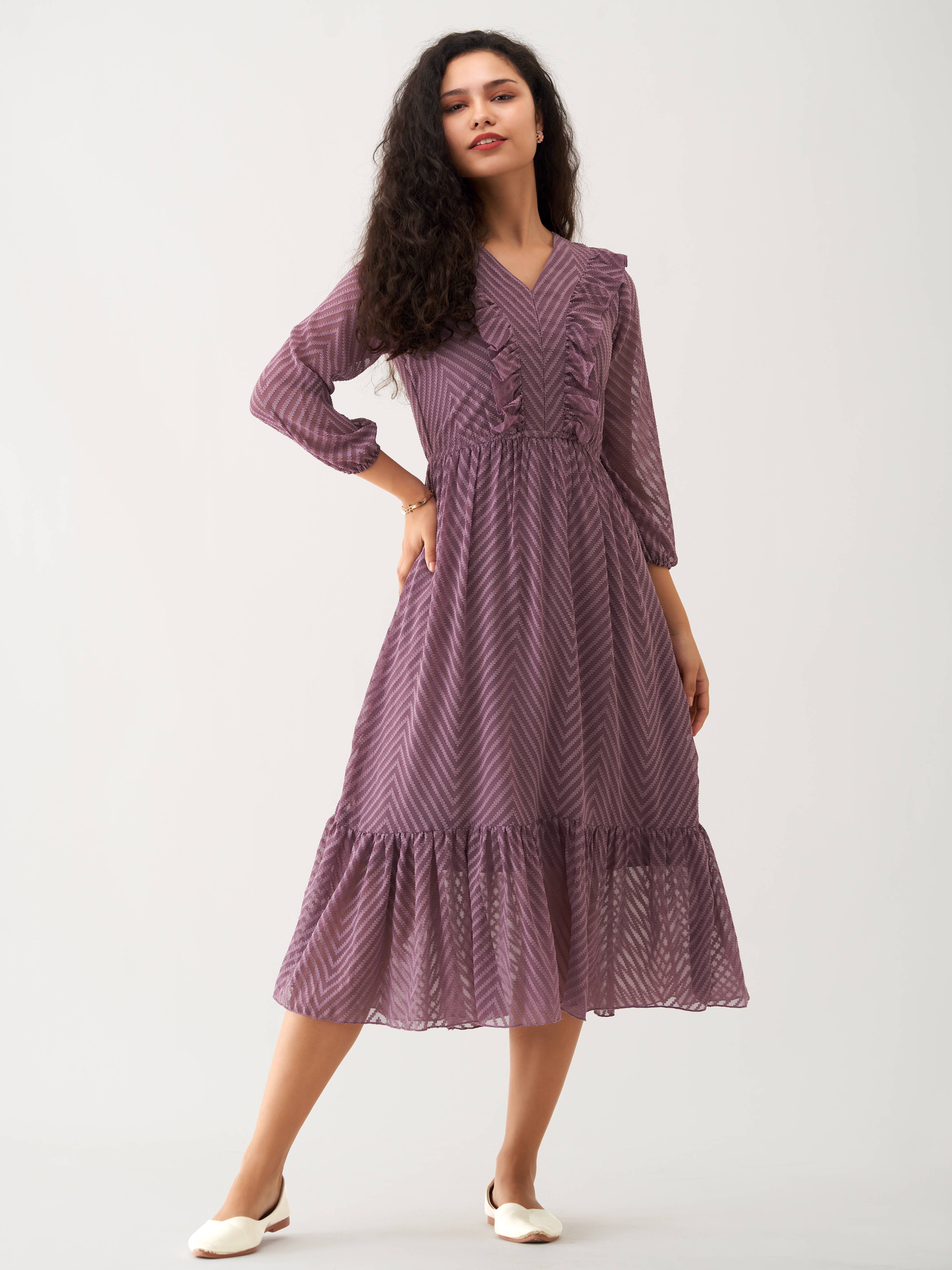 Plum Purple Chiffon Brasso Swiss Dot V-Neck Dress