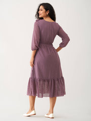 Plum Purple Chiffon Brasso Swiss Dot V-Neck Dress