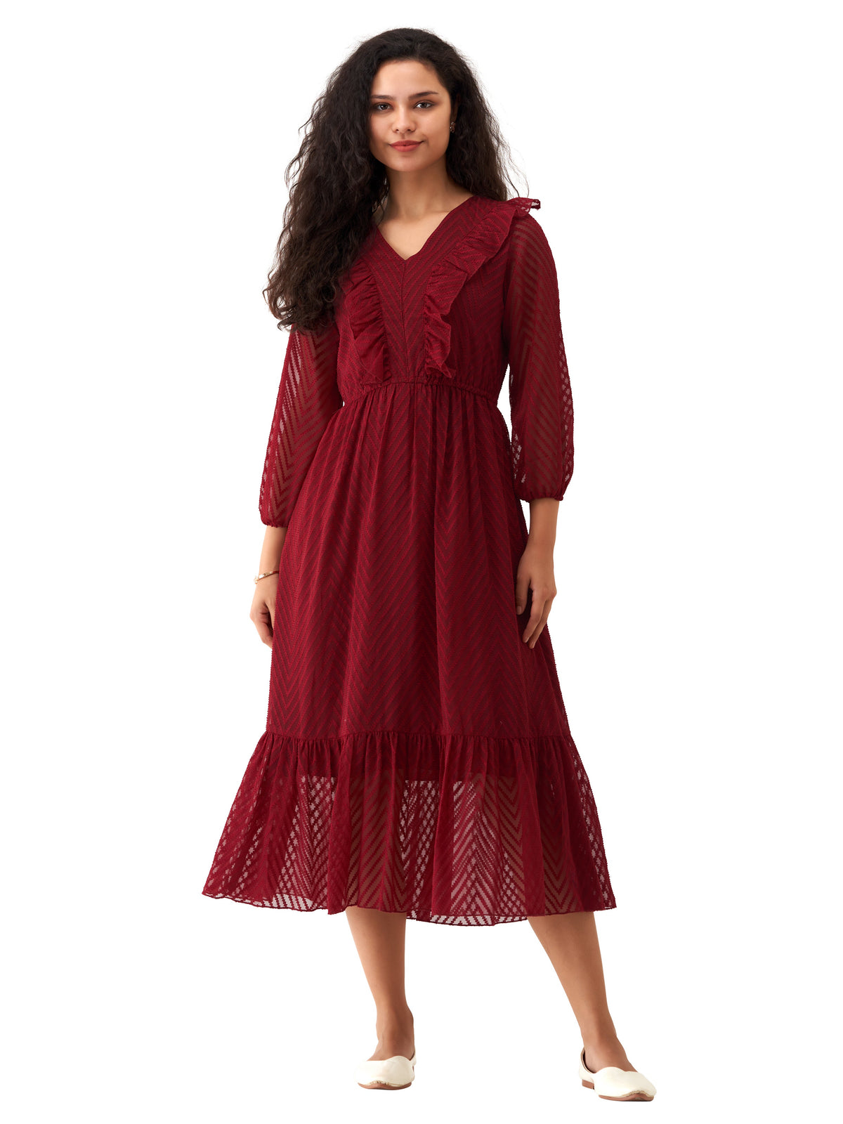 Maroon Oak Chiffon Brasso Swiss Dot V-Neck Dress