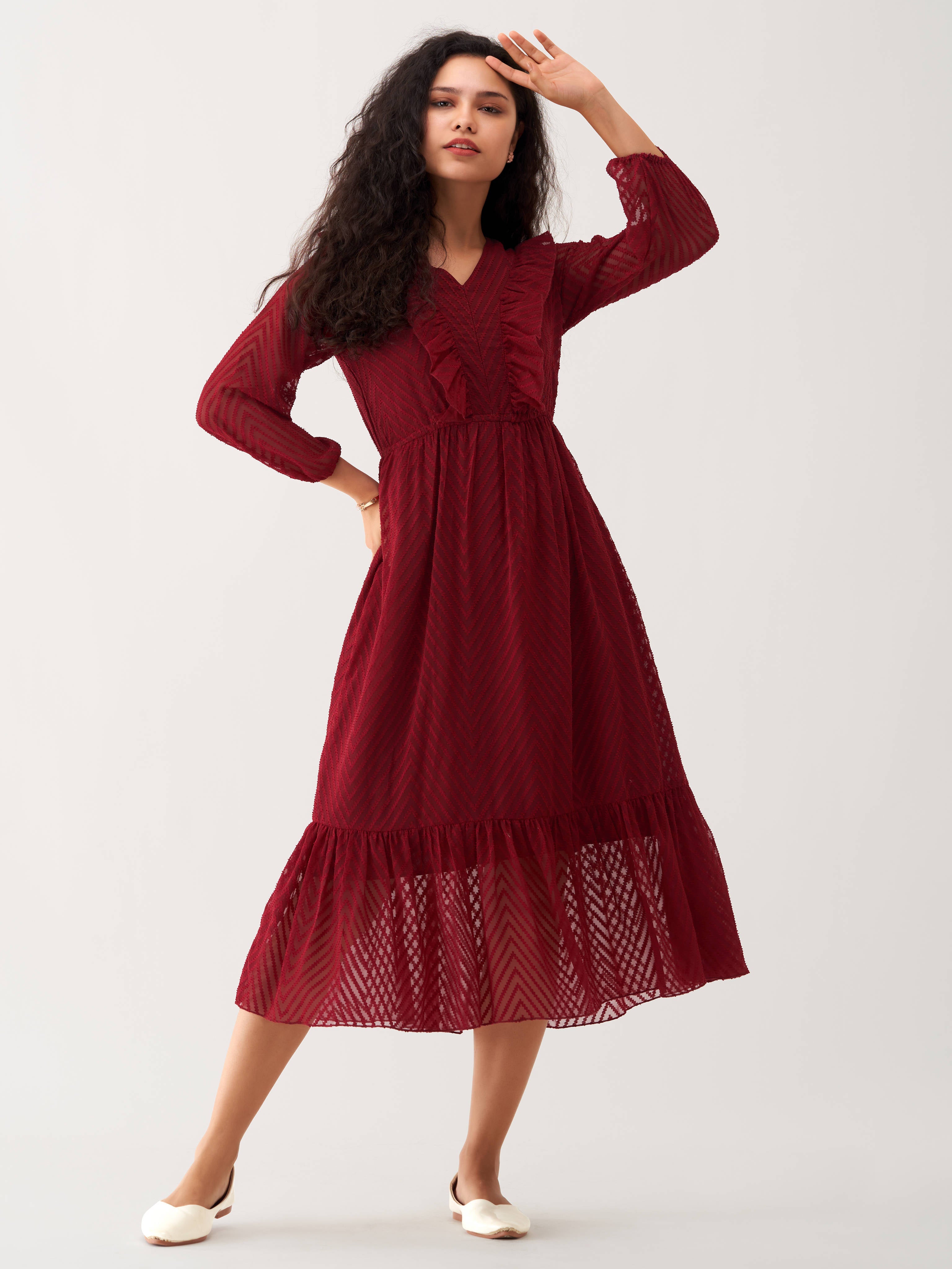 Maroon Oak Chiffon Brasso Swiss Dot V-Neck Dress