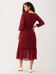 Maroon Oak Chiffon Brasso Swiss Dot V-Neck Dress