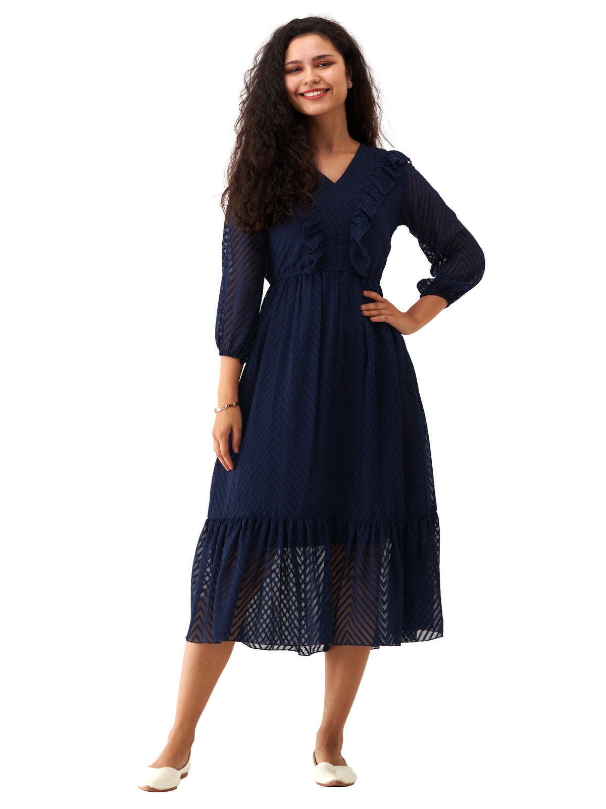 Navy Blue Chiffon Brasso Swiss Dot V-Neck Dress