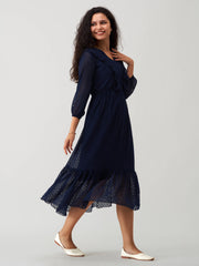 Navy Blue Chiffon Brasso Swiss Dot V-Neck Dress