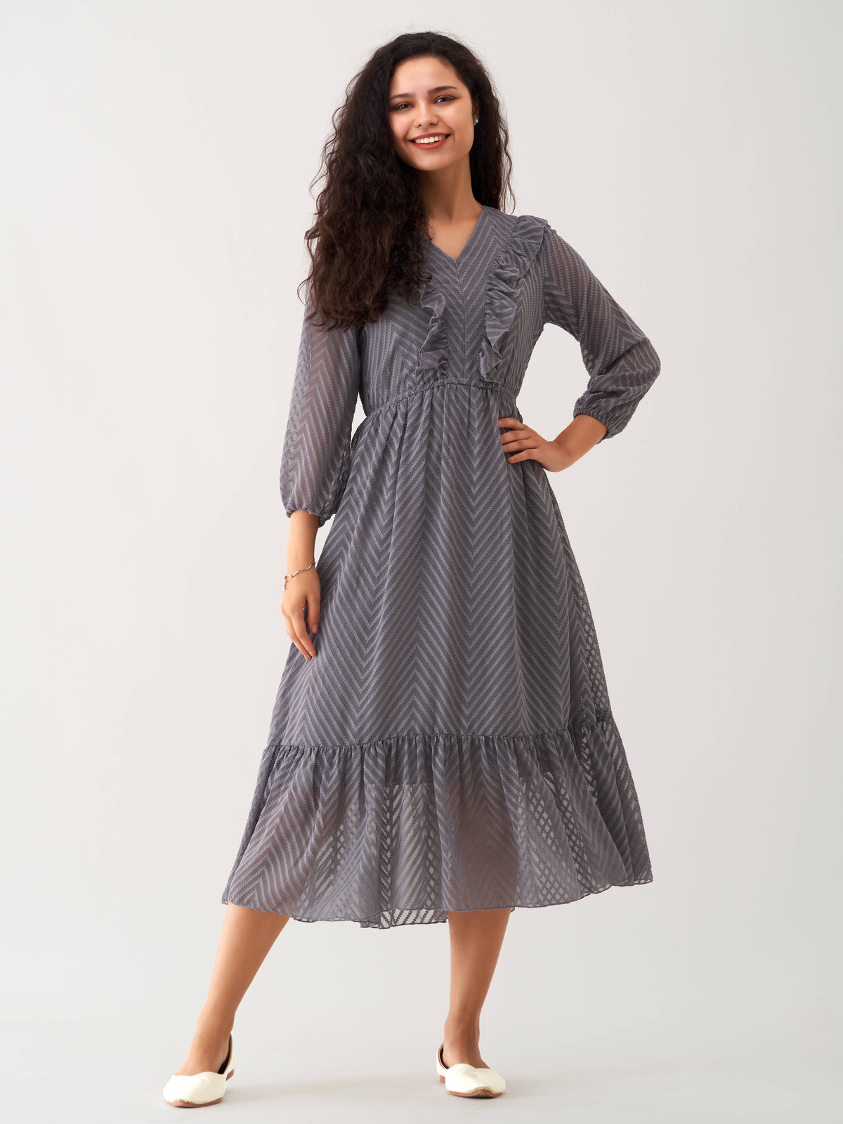 Slate Grey Chiffon Brasso Swiss Dot V-Neck Dress