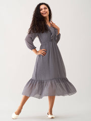 Slate Grey Chiffon Brasso Swiss Dot V-Neck Dress