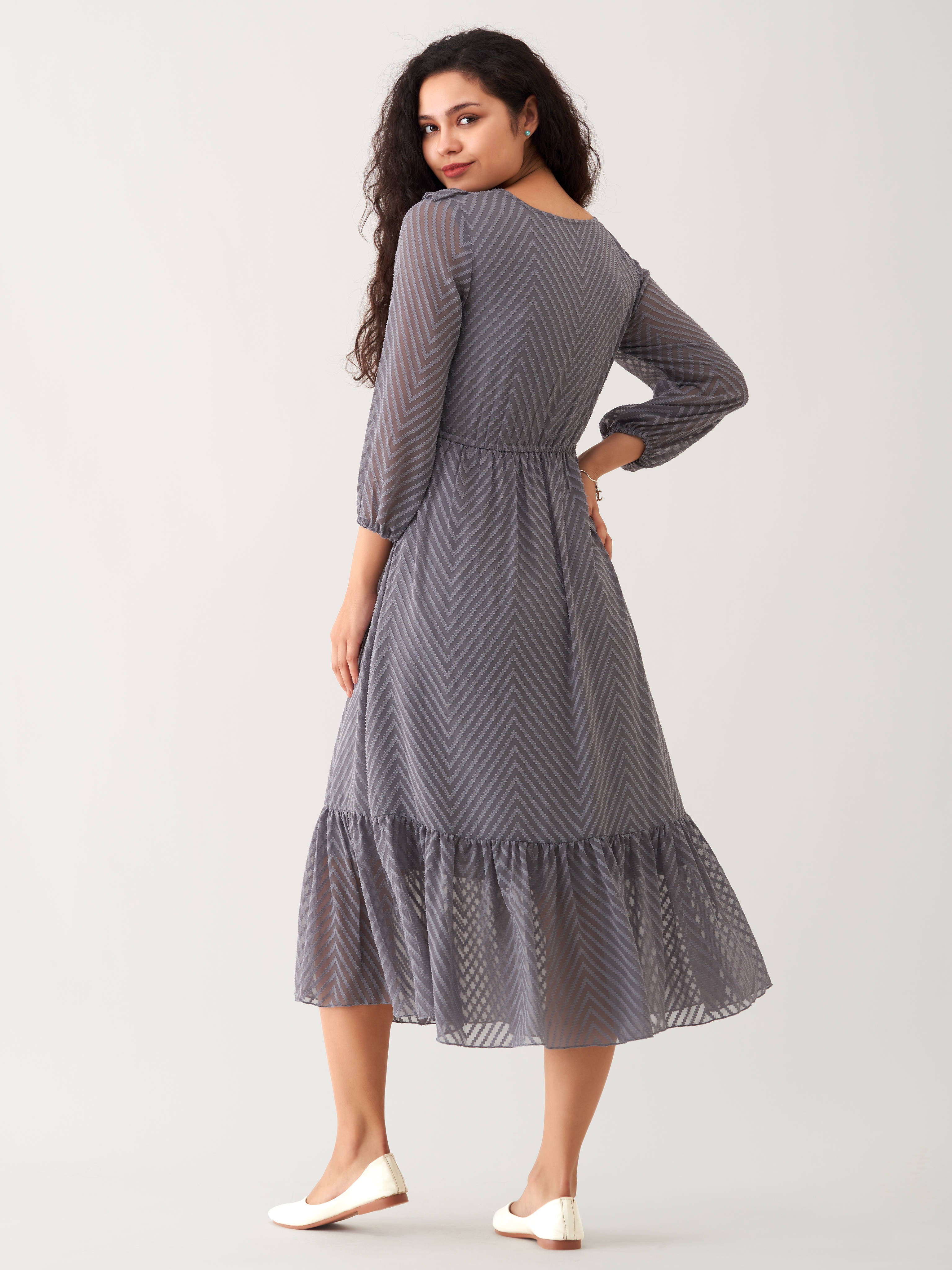 Slate Grey Chiffon Brasso Swiss Dot V-Neck Dress