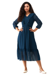 Peacock Blue Chiffon Brasso Swiss Dot V-Neck Dress