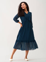 Peacock Blue Chiffon Brasso Swiss Dot V-Neck Dress