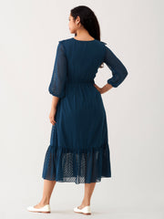 Peacock Blue Chiffon Brasso Swiss Dot V-Neck Dress