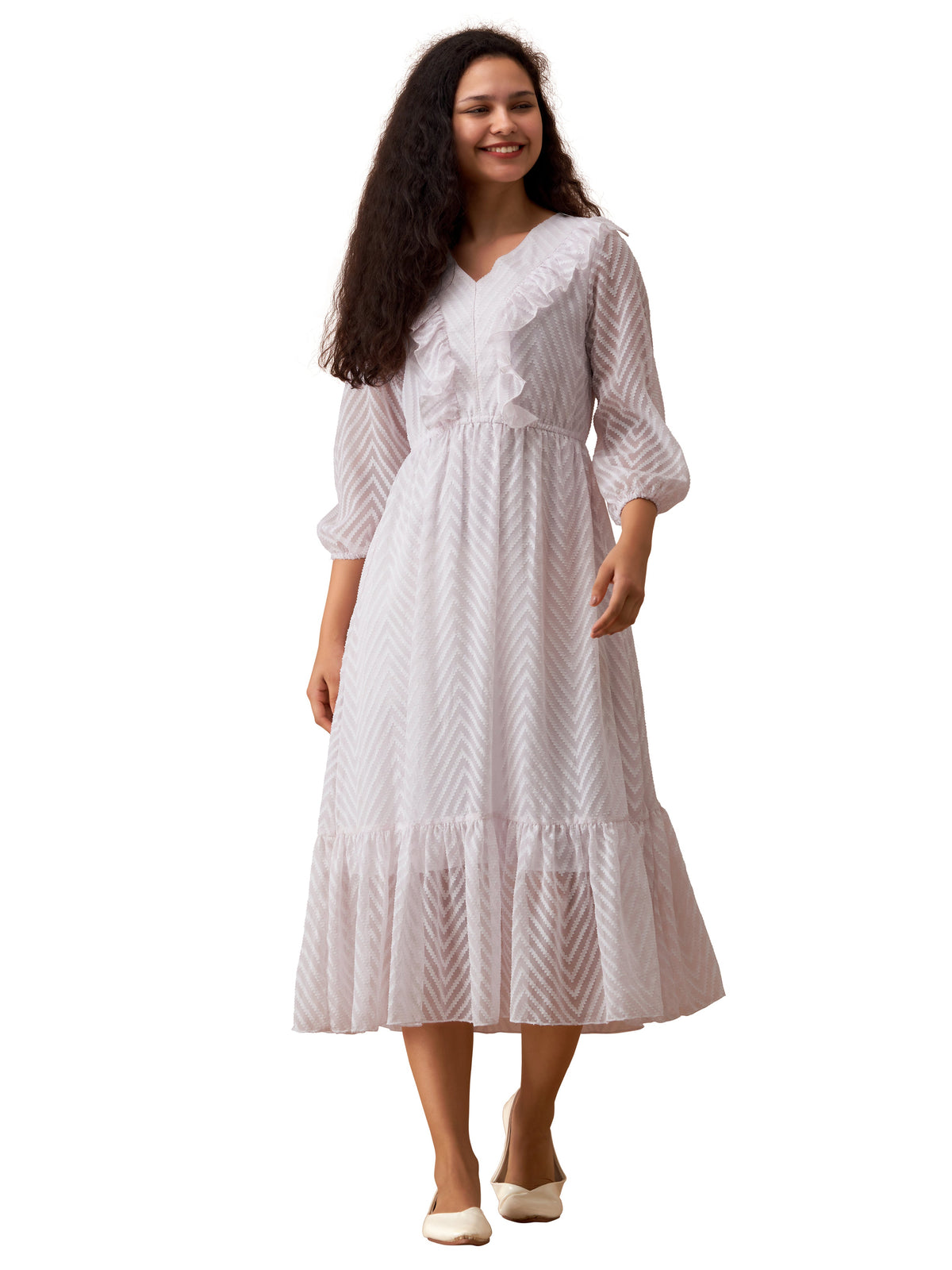 White Chiffon Brasso Swiss Dot V-Neck Dress