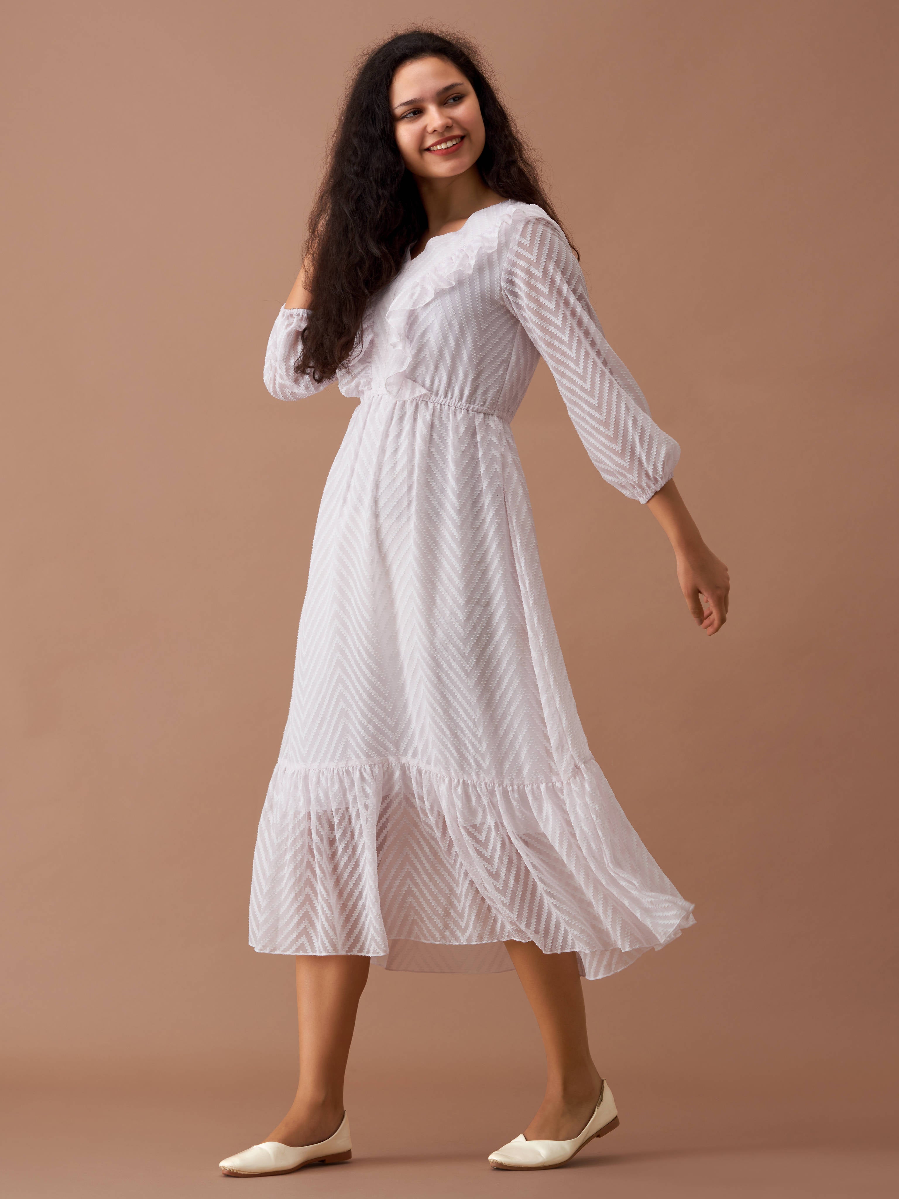 White Chiffon Brasso Swiss Dot V-Neck Dress