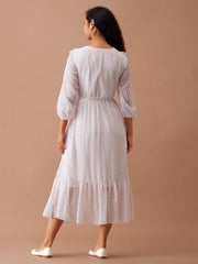 White Chiffon Brasso Swiss Dot V-Neck Dress