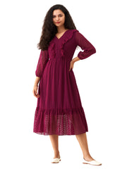 Wine Berry Chiffon Brasso Swiss Dot V-Neck Dress