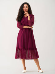 Wine Berry Chiffon Brasso Swiss Dot V-Neck Dress