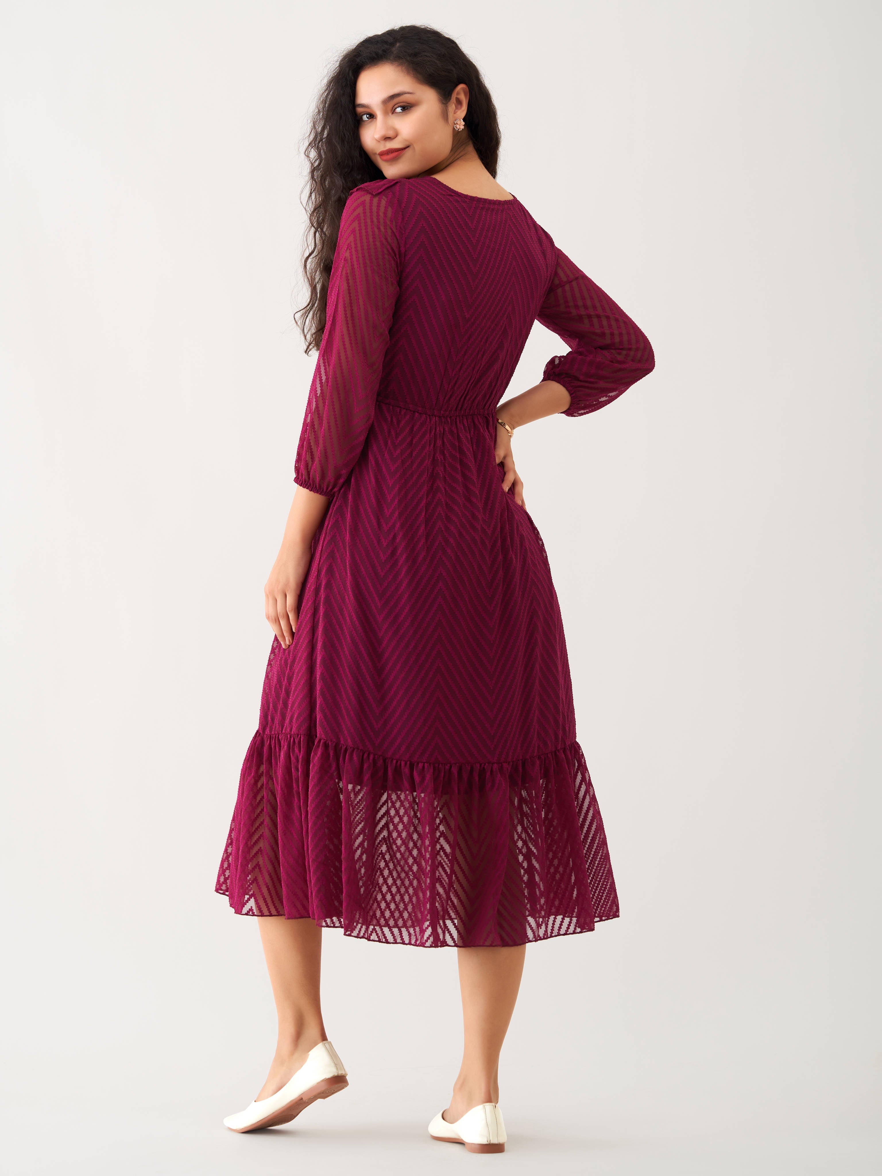 Wine Berry Chiffon Brasso Swiss Dot V-Neck Dress