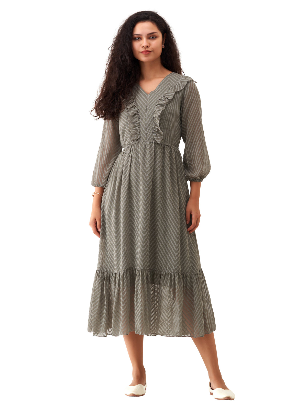 Grey Chiffon Brasso Swiss Dot V-Neck Dress