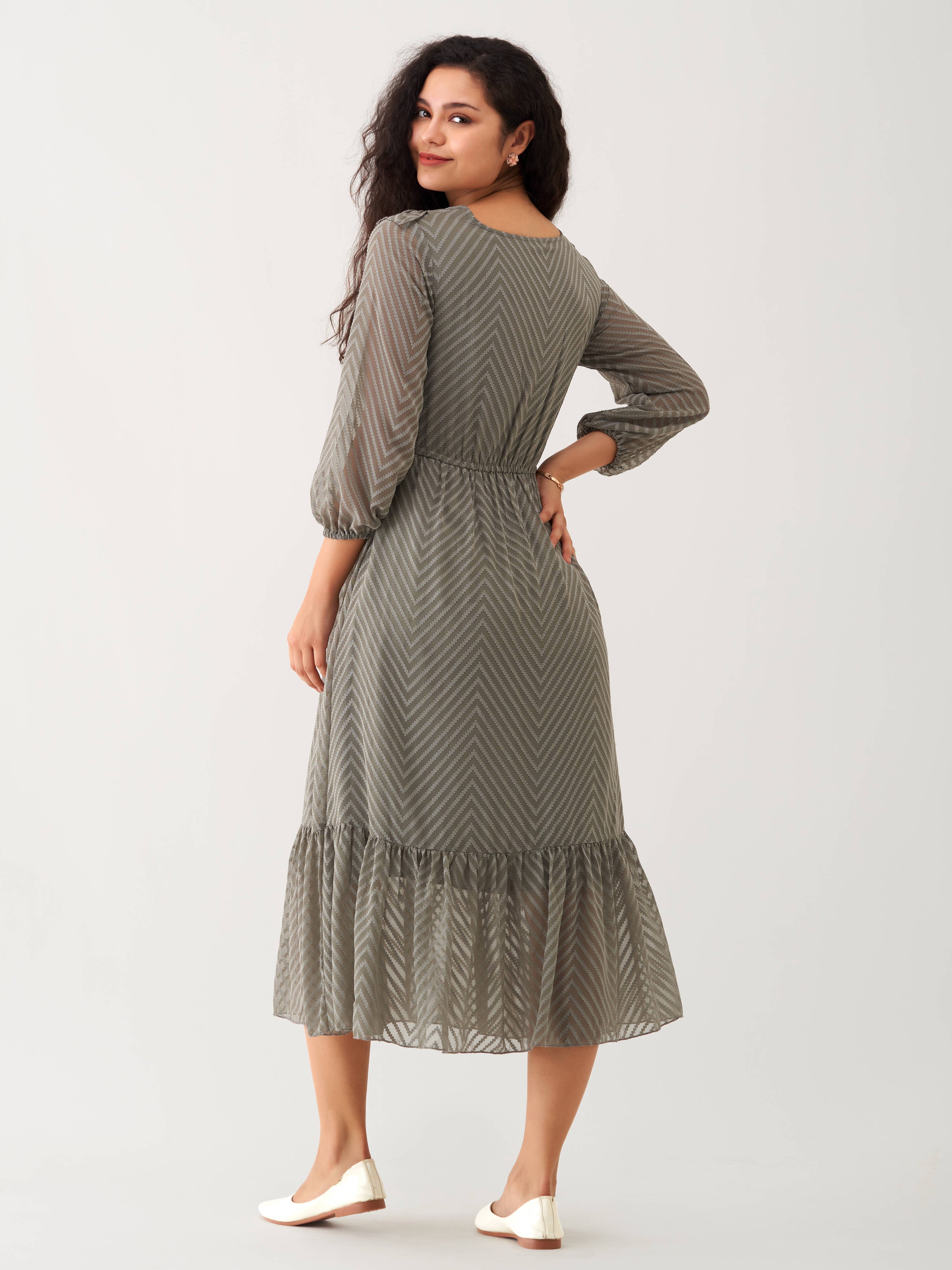 Grey Chiffon Brasso Swiss Dot V-Neck Dress