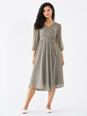 Grey Chiffon Brasso Swiss Dot V-Neck Dress