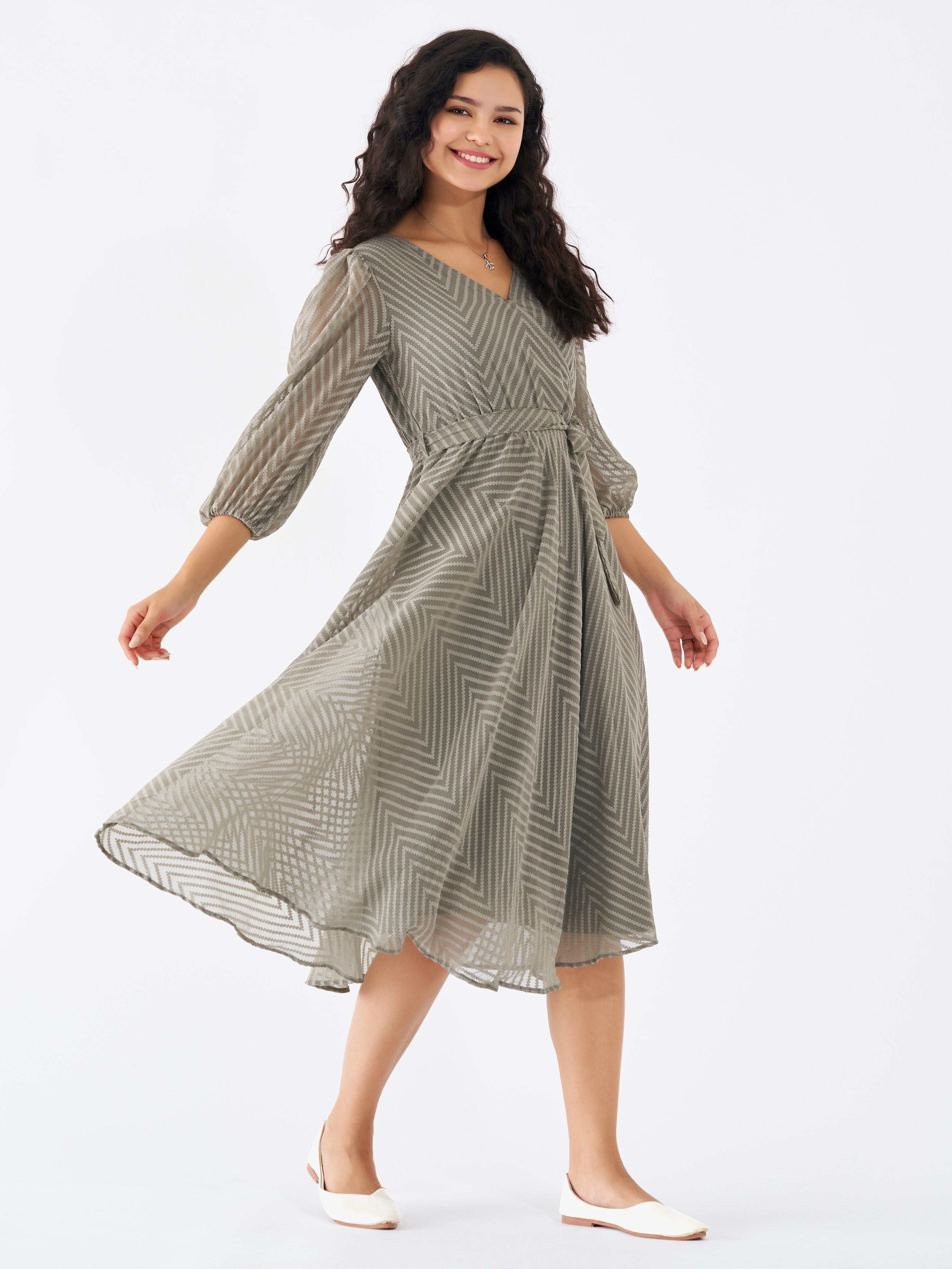 Grey Chiffon Brasso Swiss Dot V-Neck Dress