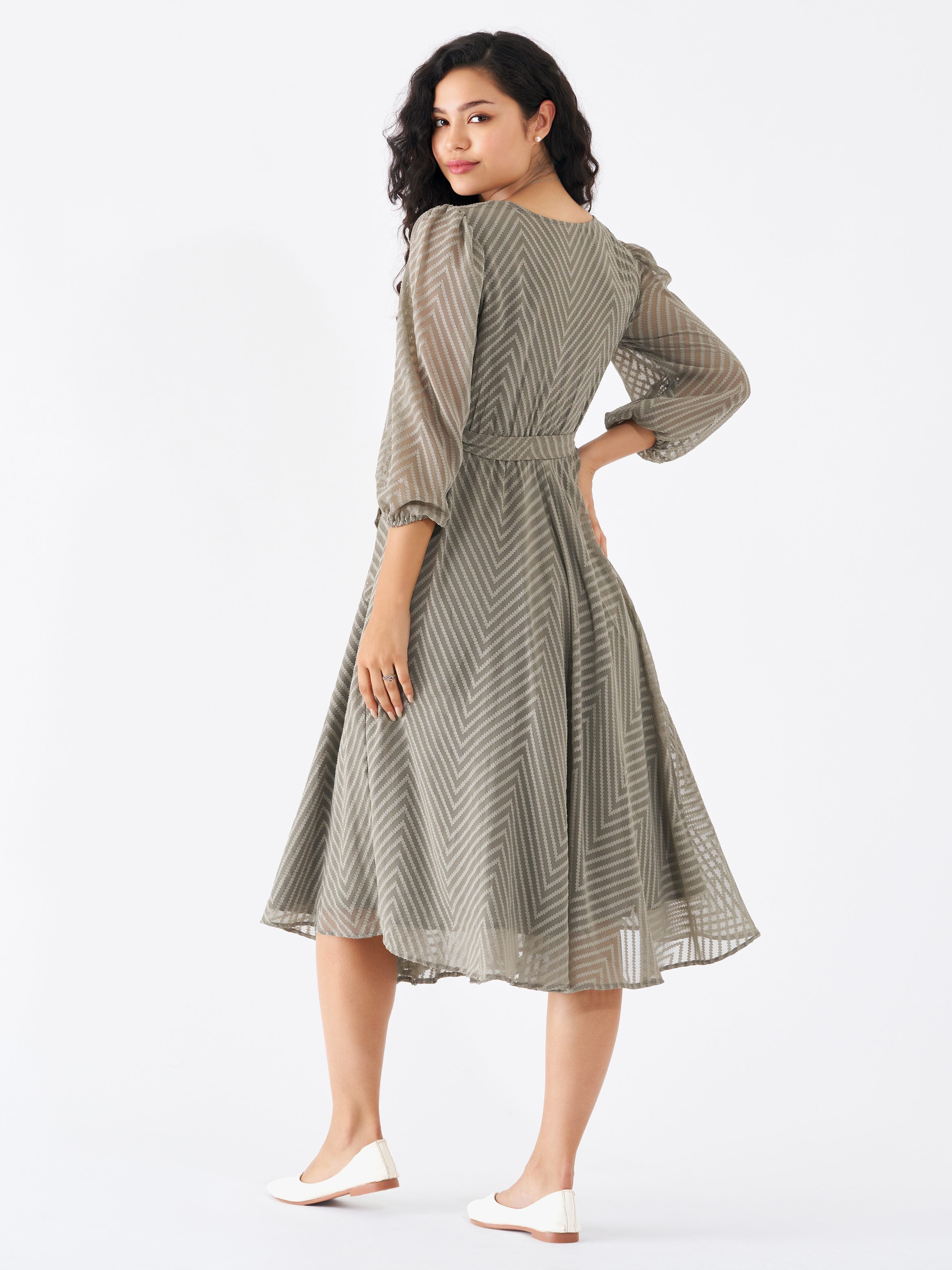 Grey Chiffon Brasso Swiss Dot V-Neck Dress