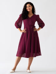 Wine Berry Chiffon Brasso Swiss Dot V-Neck Dress