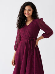 Wine Berry Chiffon Brasso Swiss Dot V-Neck Dress