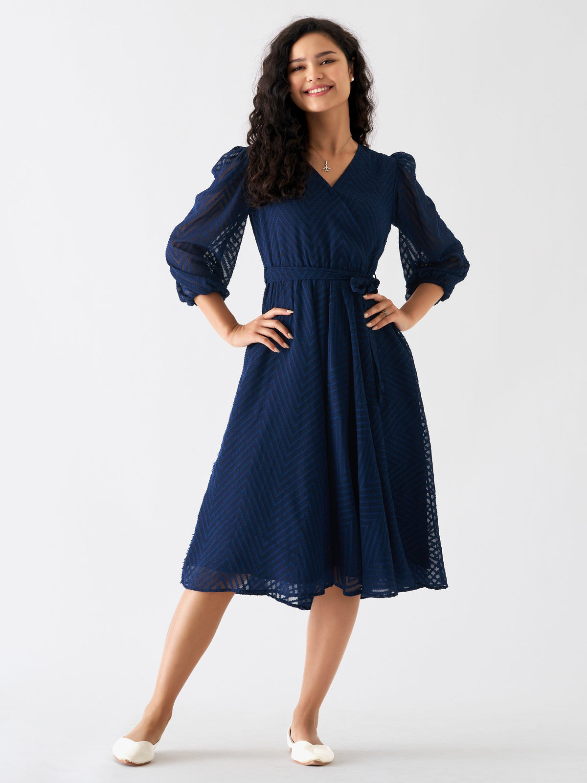 Navy Blue Chiffon Brasso Swiss Dot V-Neck Dress