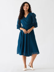 Peacock Blue Chiffon Brasso Swiss Dot V-Neck Dress