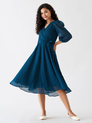 Peacock Blue Chiffon Brasso Swiss Dot V-Neck Dress