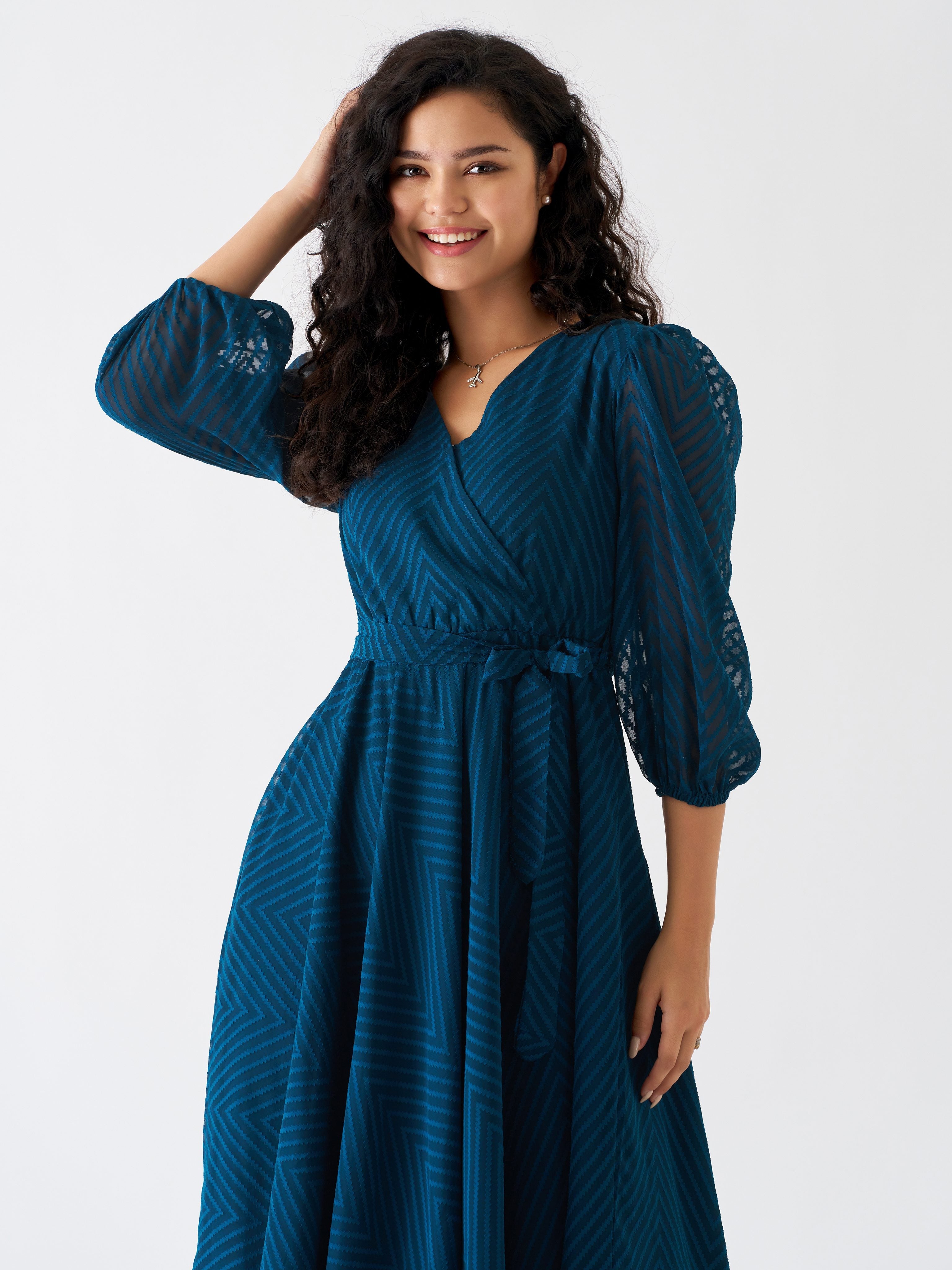 Peacock Blue Chiffon Brasso Swiss Dot V-Neck Dress