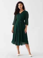 Dark Green Chiffon Brasso Swiss Dot V-Neck Dress