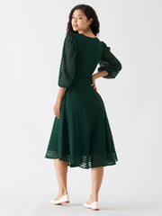 Dark Green Chiffon Brasso Swiss Dot V-Neck Dress