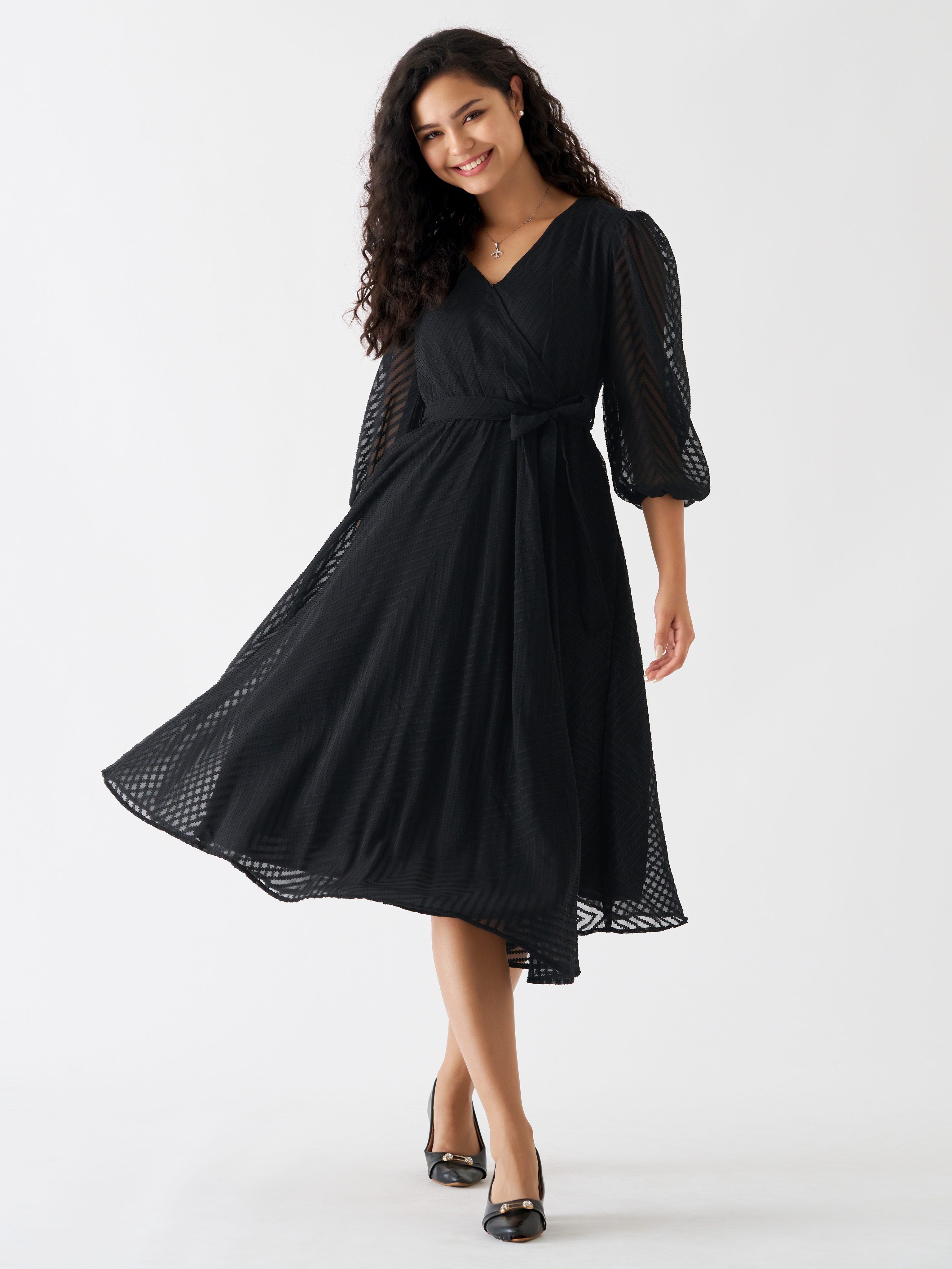 Black Chiffon Brasso Swiss Dot V-Neck Dress