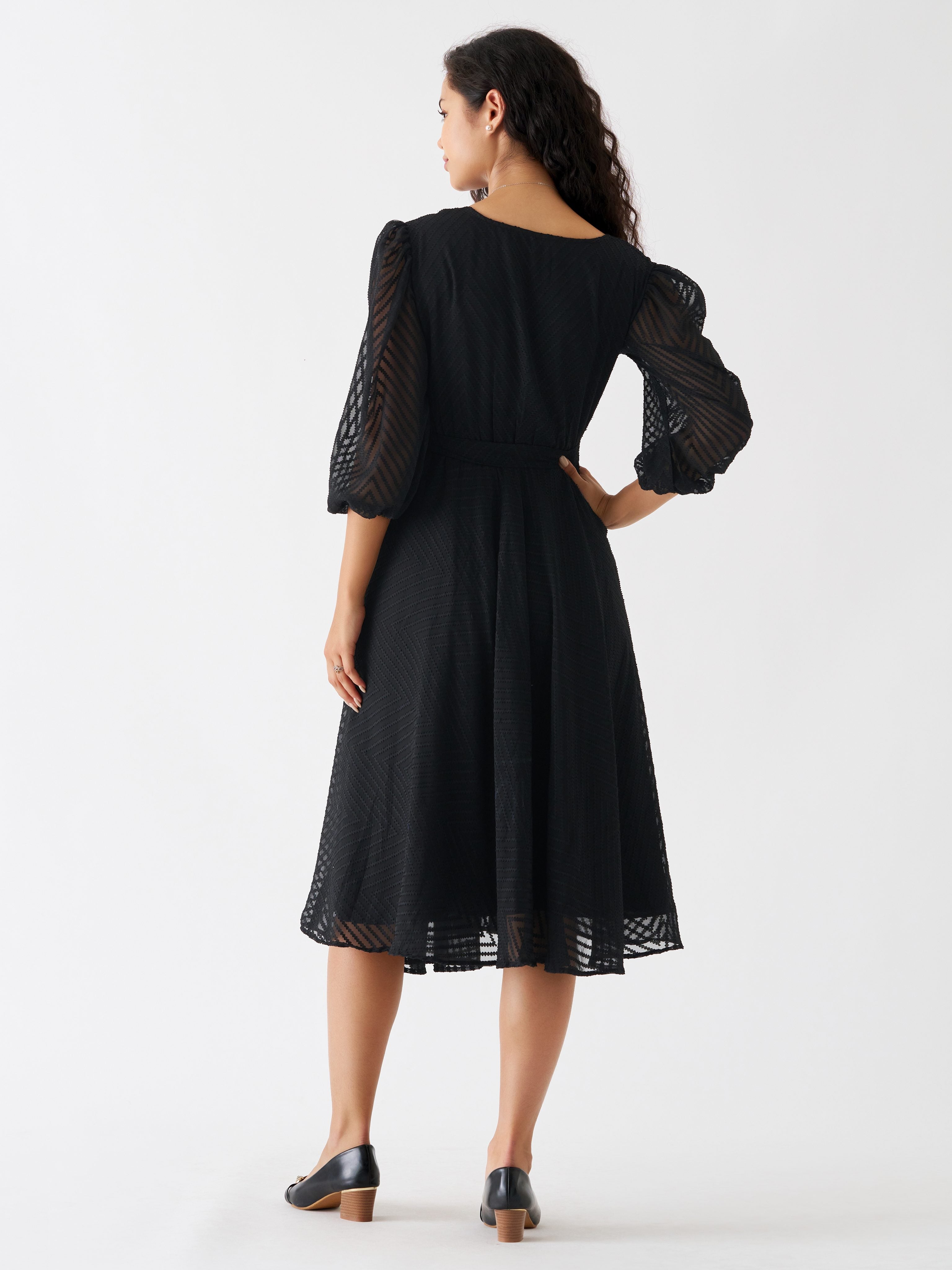 Black Chiffon Brasso Swiss Dot V-Neck Dress