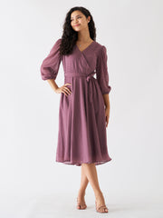 Purple Taupe Chiffon Brasso Swiss Dot V-Neck Dress