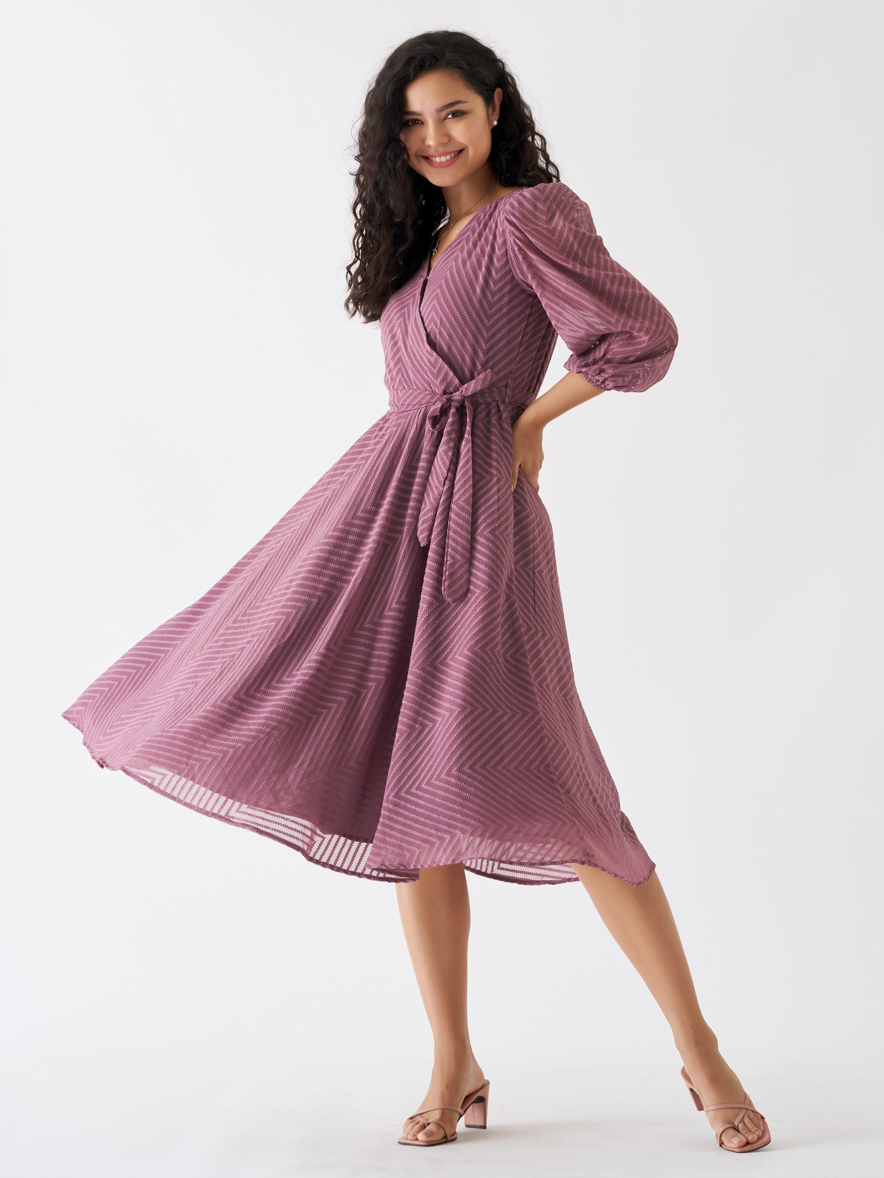 Purple Taupe Chiffon Brasso Swiss Dot V-Neck Dress